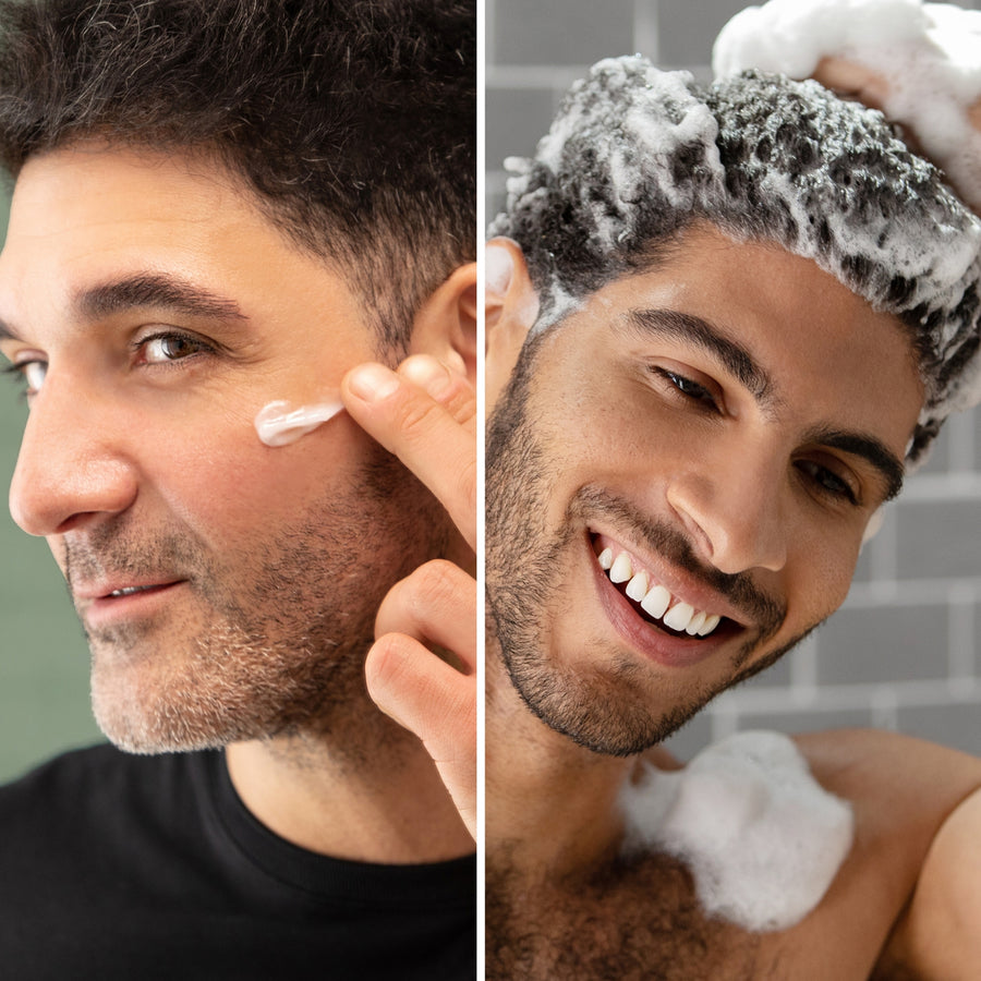 Cardon Men's Skincare Model with Hydro Boost Gel Moisturizer and Strengthening Shampoo